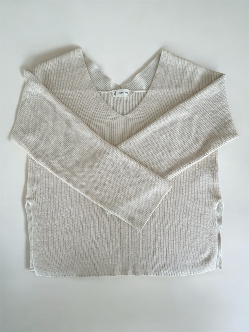 Everlane The Slouchy V-Neck Everyday Cotton Bone Cream Ribbed Sweater Oversize S - Picture 2 of 6